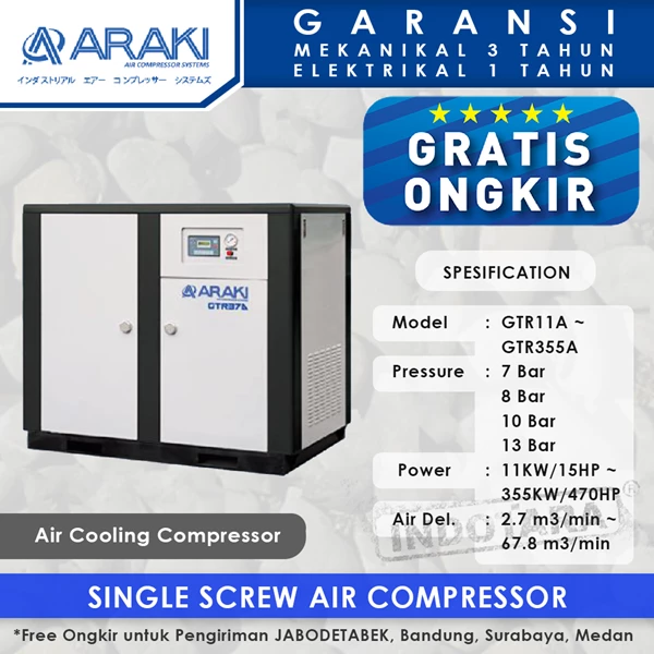 The compressor Wind Cooling Screw Air GTR220A Araki-10 Bar