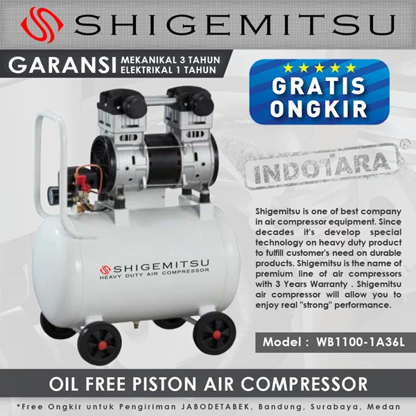 Kompresor Angin Oil Free Shigemitsu WB1100-1A36L Tank 36L 1.5HP
