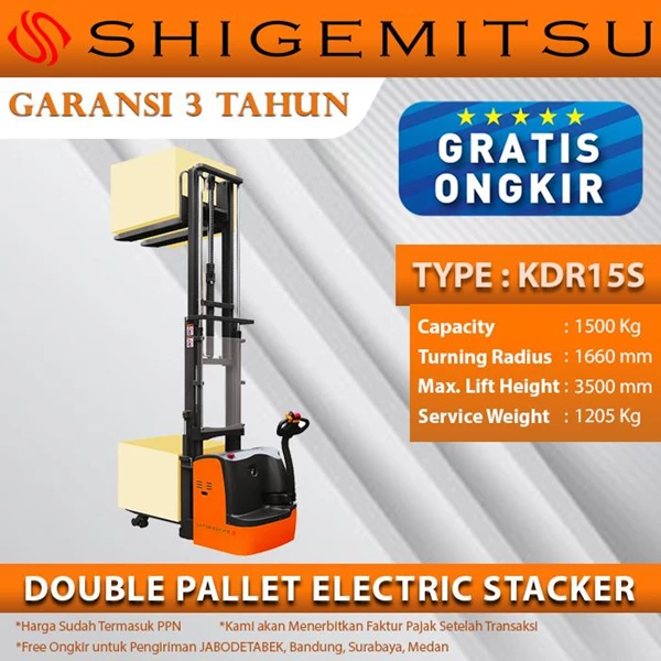Shigemitsu Double Pallet Electric Stacker KDR15S-II-1150-3500