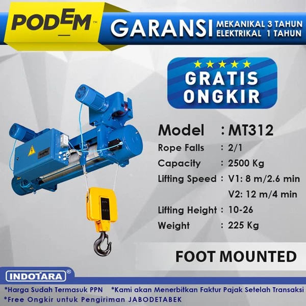Electric Wire Rope Hoist Podem Foot Mounted MT312 (2 Rope Falls)