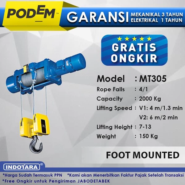Electric Wire Rope Hoist Podem Foot Mounted MT305 (4 Rope Falls)