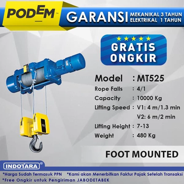  Electric Wire Rope Hoist Podem Foot Mounted MT525 (4 Rope Falls)