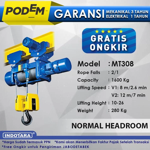 Electric Wire Rope Hoist Podem Normal Headroom MT308 (2 Rope Falls)