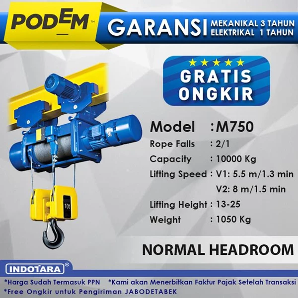  Electric Wire Rope Hoist Podem Normal Headroom Hoist M750(2 Rope Falls)