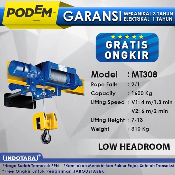 Electric Wire Rope Hoist Podem Low Headroom MT308 (2 Rope Falls)